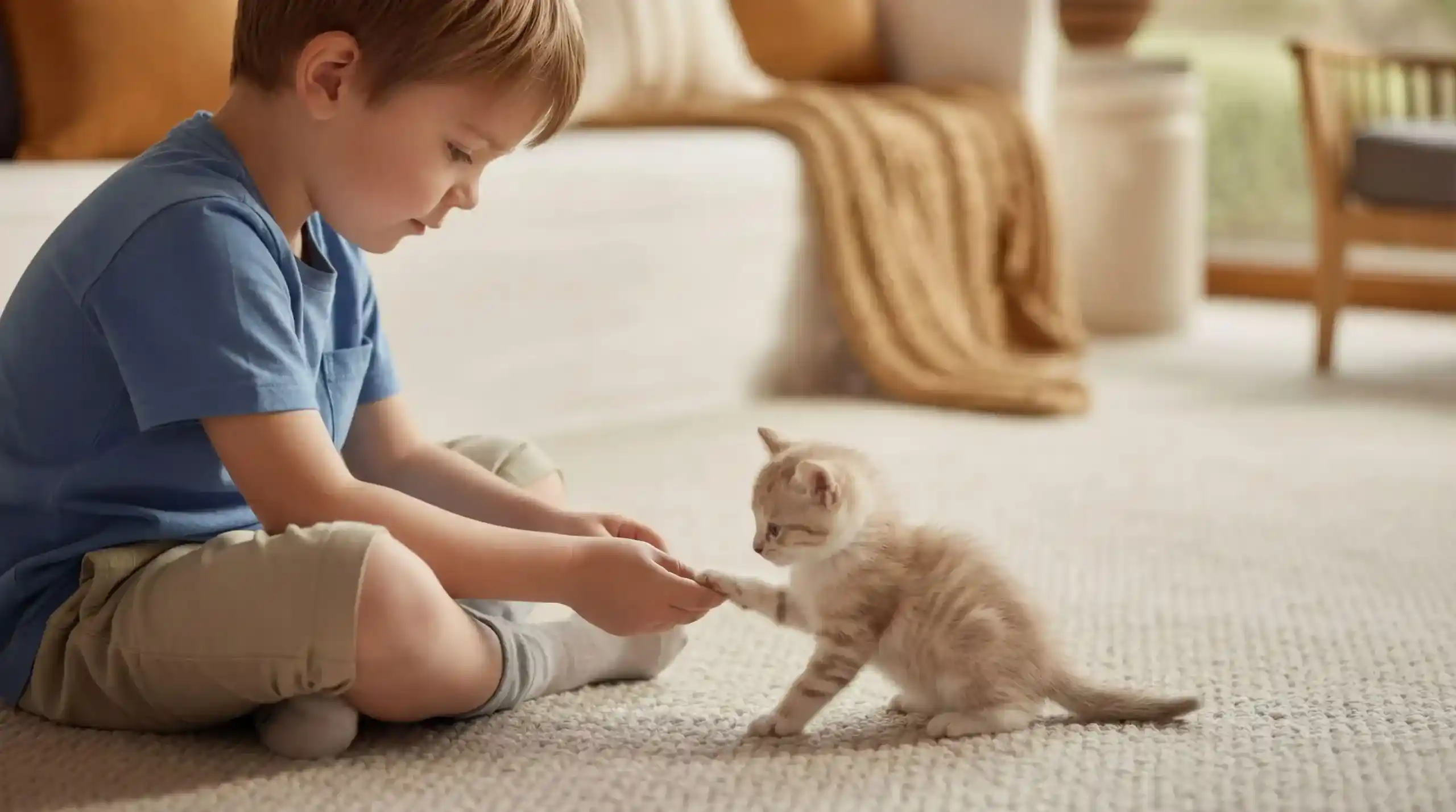 Young boy playing with a kitten on a natural beige Berber wool carpet backed by reliable flooring warranties