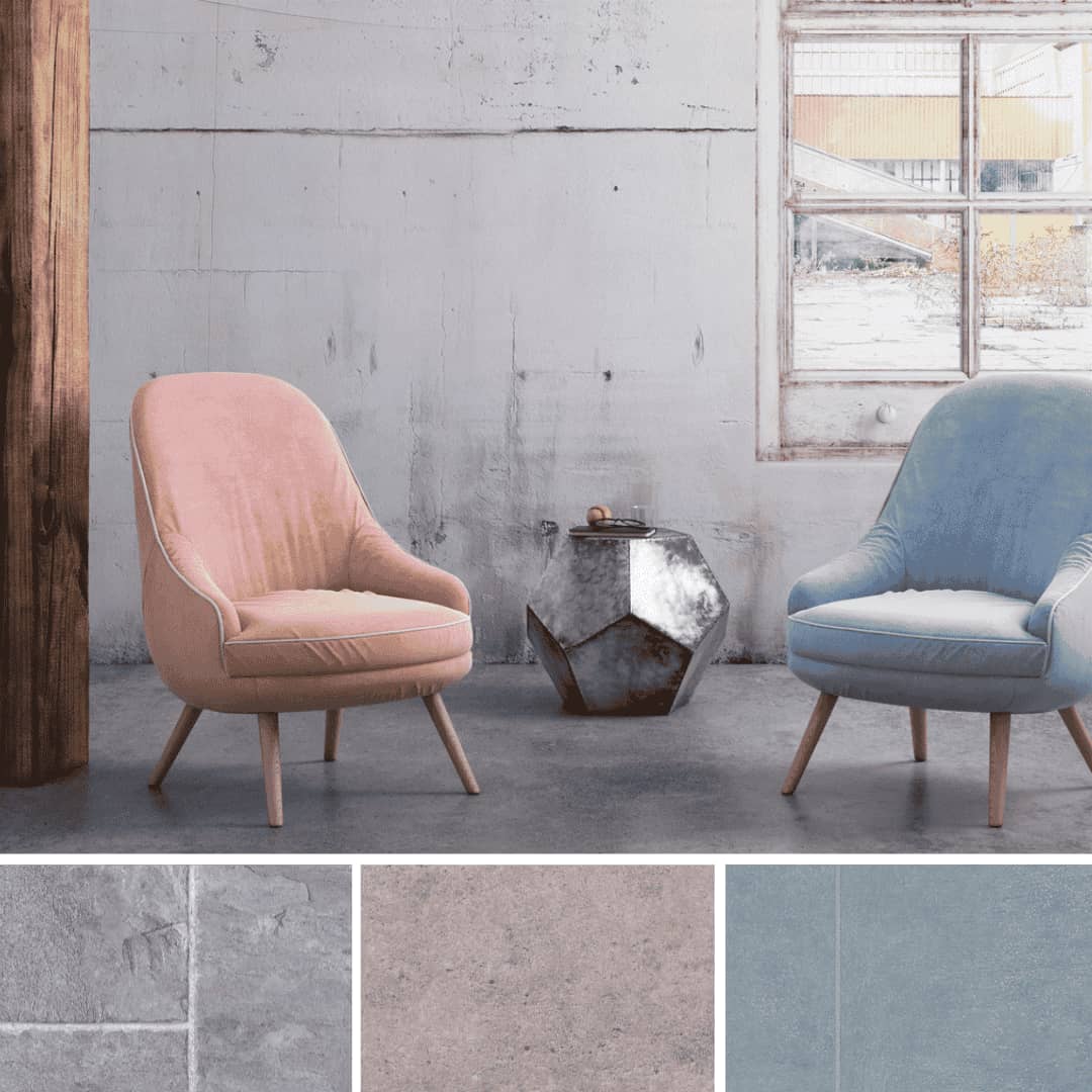 Stone-look vinyl sheet flooring displayed in a modern living space with accent chairs and textured finishes