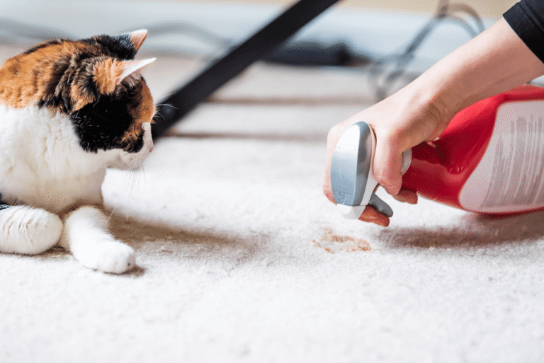A close up of someone spraying a carpet with a cleaner while a cat watches by.