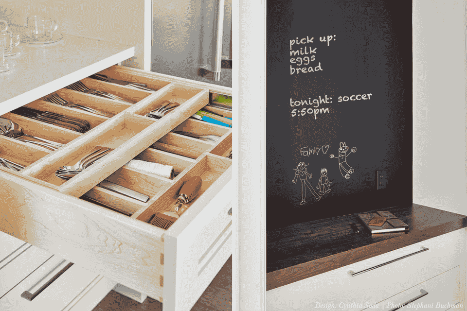 A split image showing an organised kitchen drawer with wooden cutlery dividers alongside a chalkboard wall used for family notes