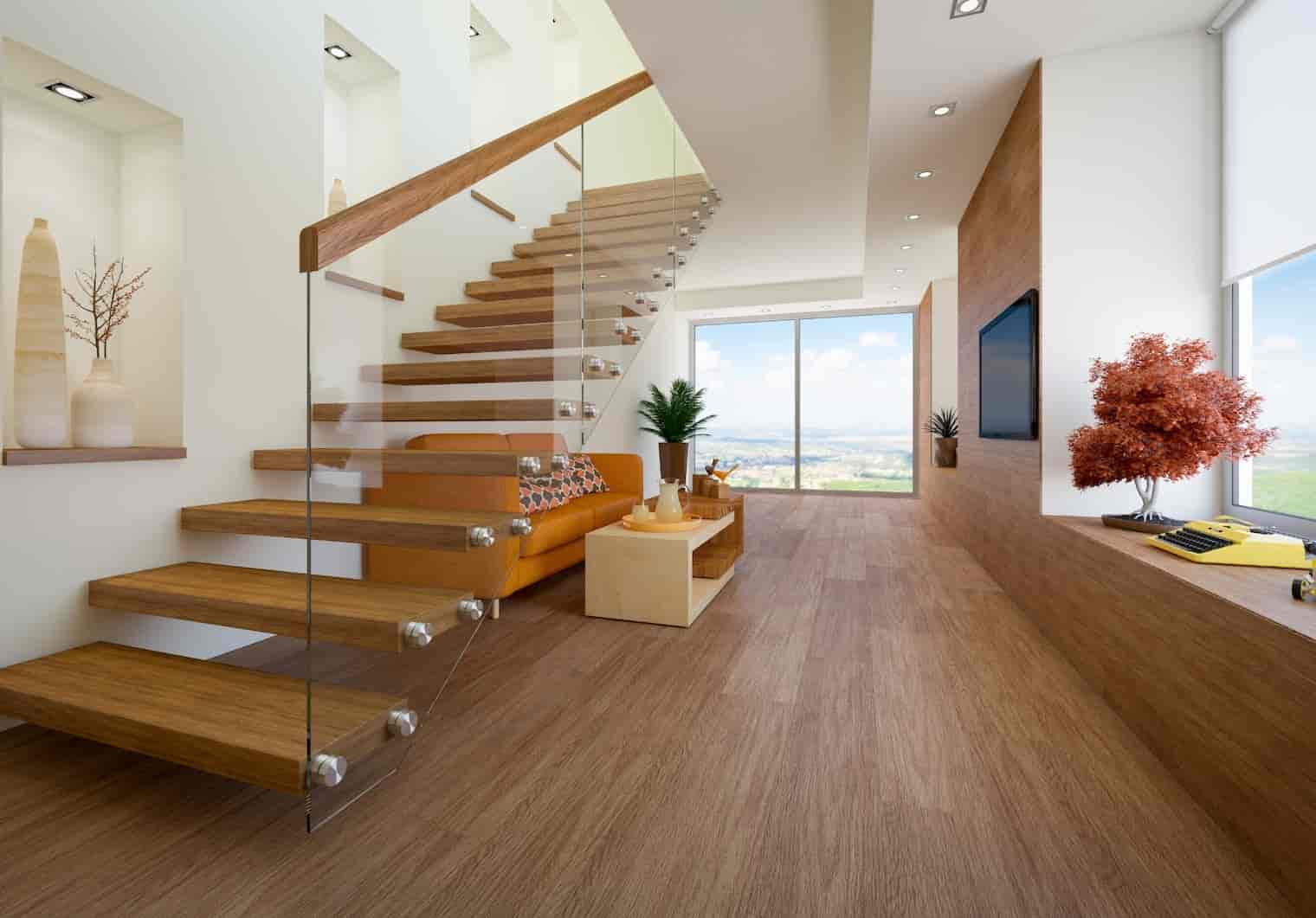 Hybrid vinyl plank flooring in an open-plan living area with staircase