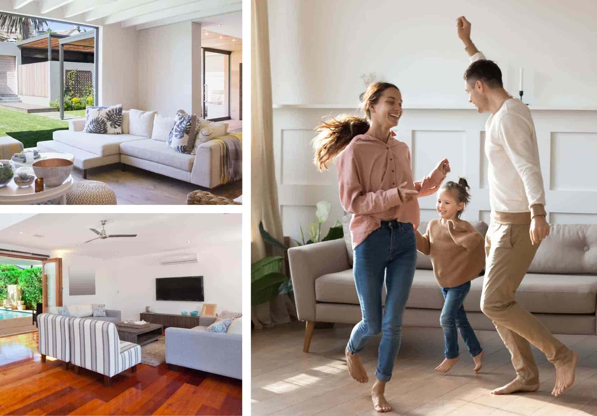 Collage of family rooms with different flooring styles