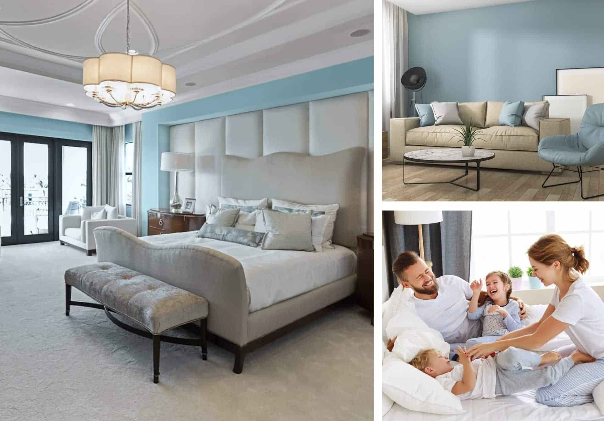 Image collage showing bedrooms and living spaces with neutral flooring