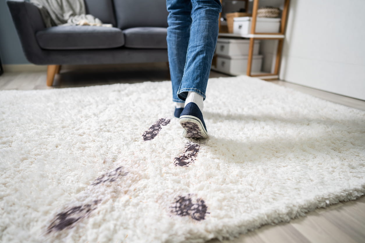Muddy footprints left on a light-coloured rug in a living room