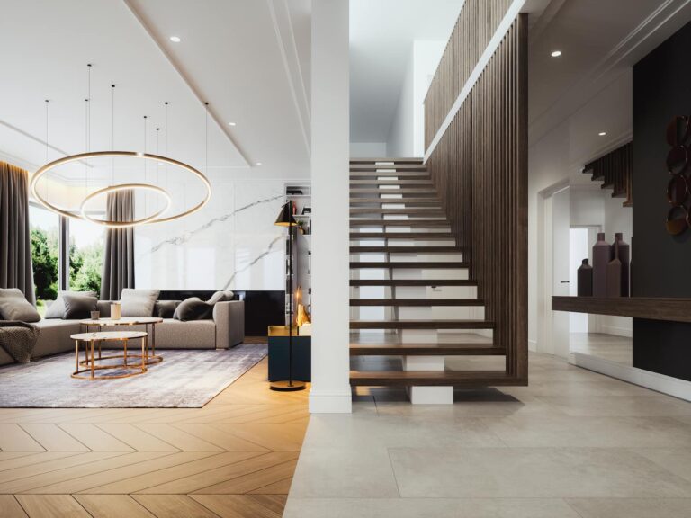 Modern open-plan interior with hybrid flooring and timber staircase.