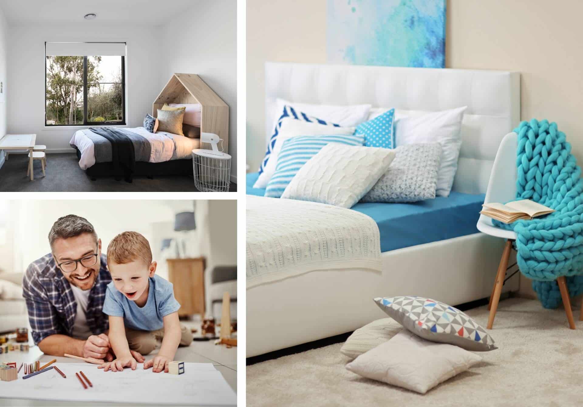 A collage of kids' rooms, main photo featuring blue colour palette