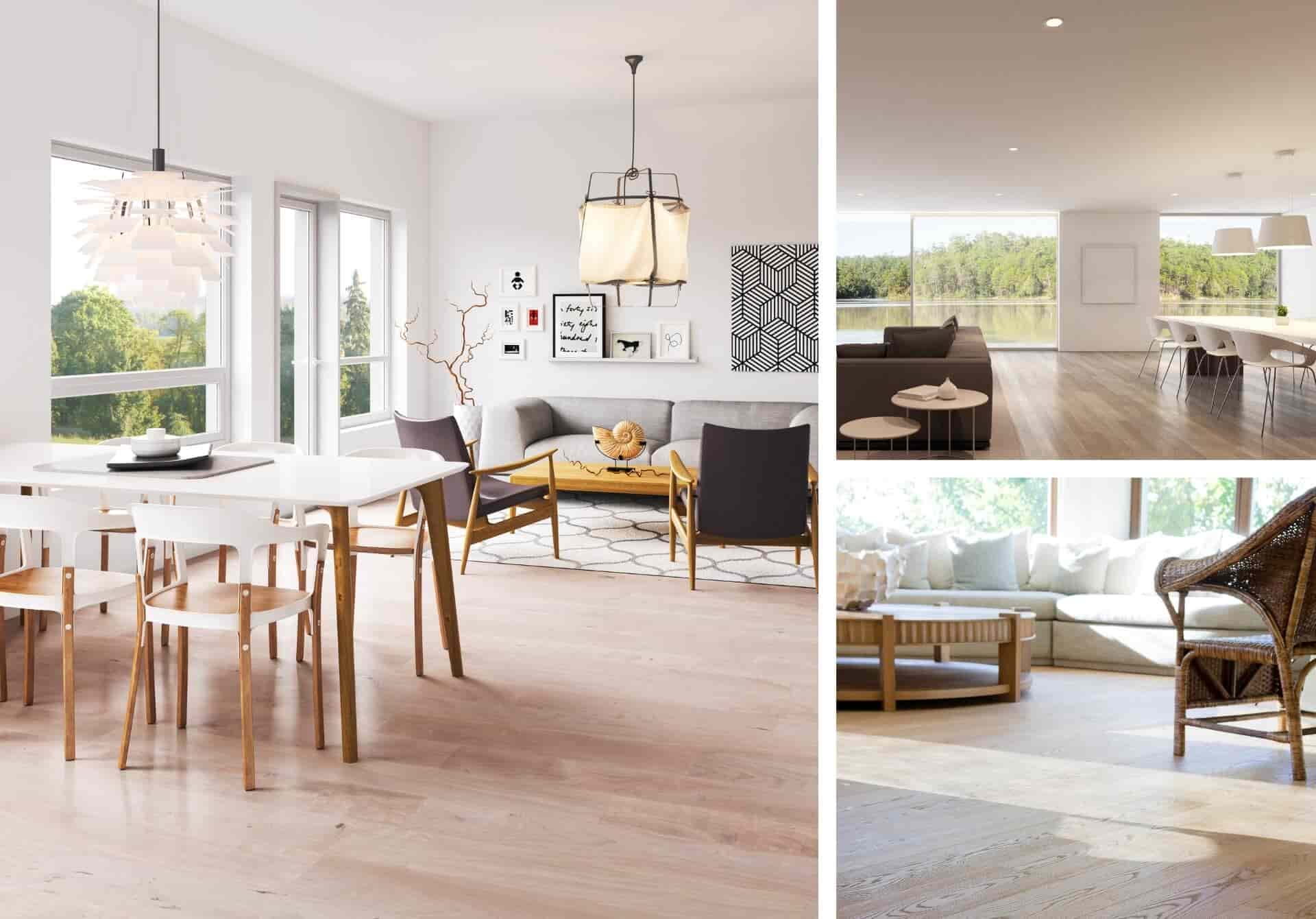 A collage of open plan kitchen and dining rooms