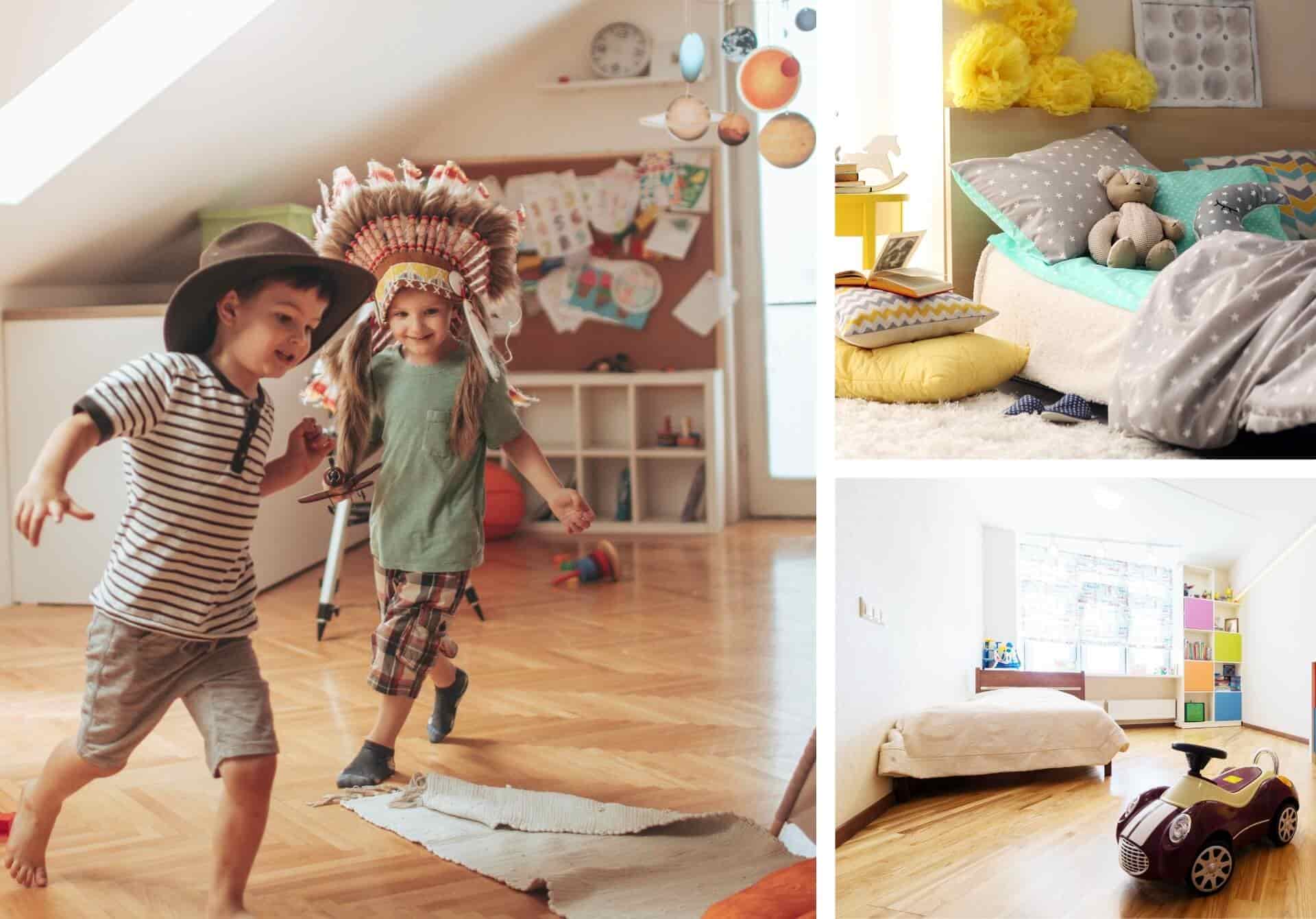 A collage of kids' rooms, with main photo showing two kids playing in costumes