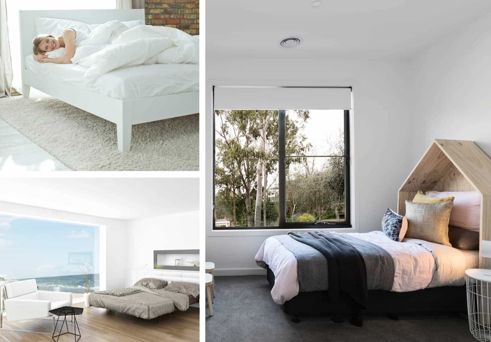 A collage of bedrooms featuring different flooring types