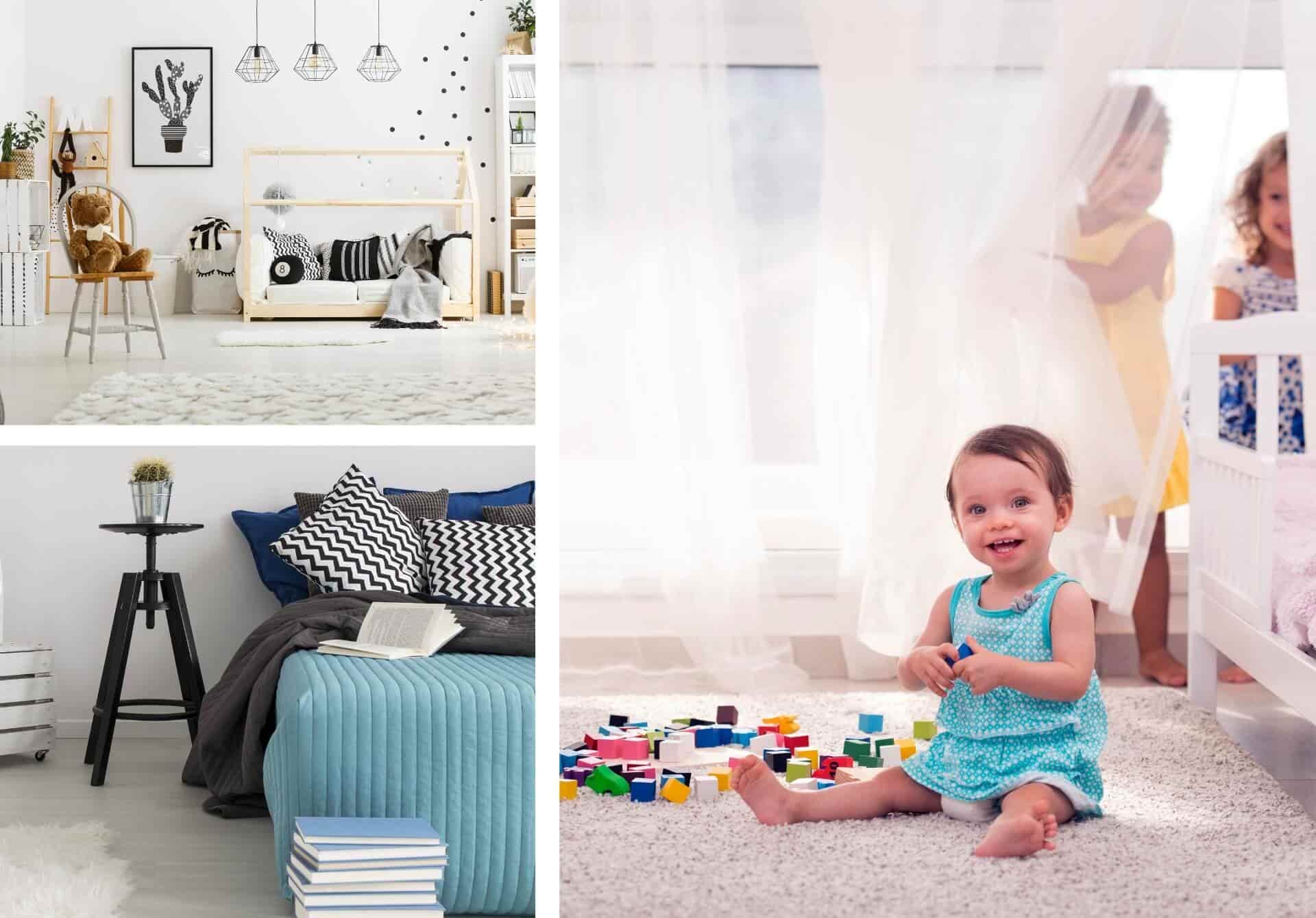 A collage of kids room, with main photo featuring toddlers playing on the floor