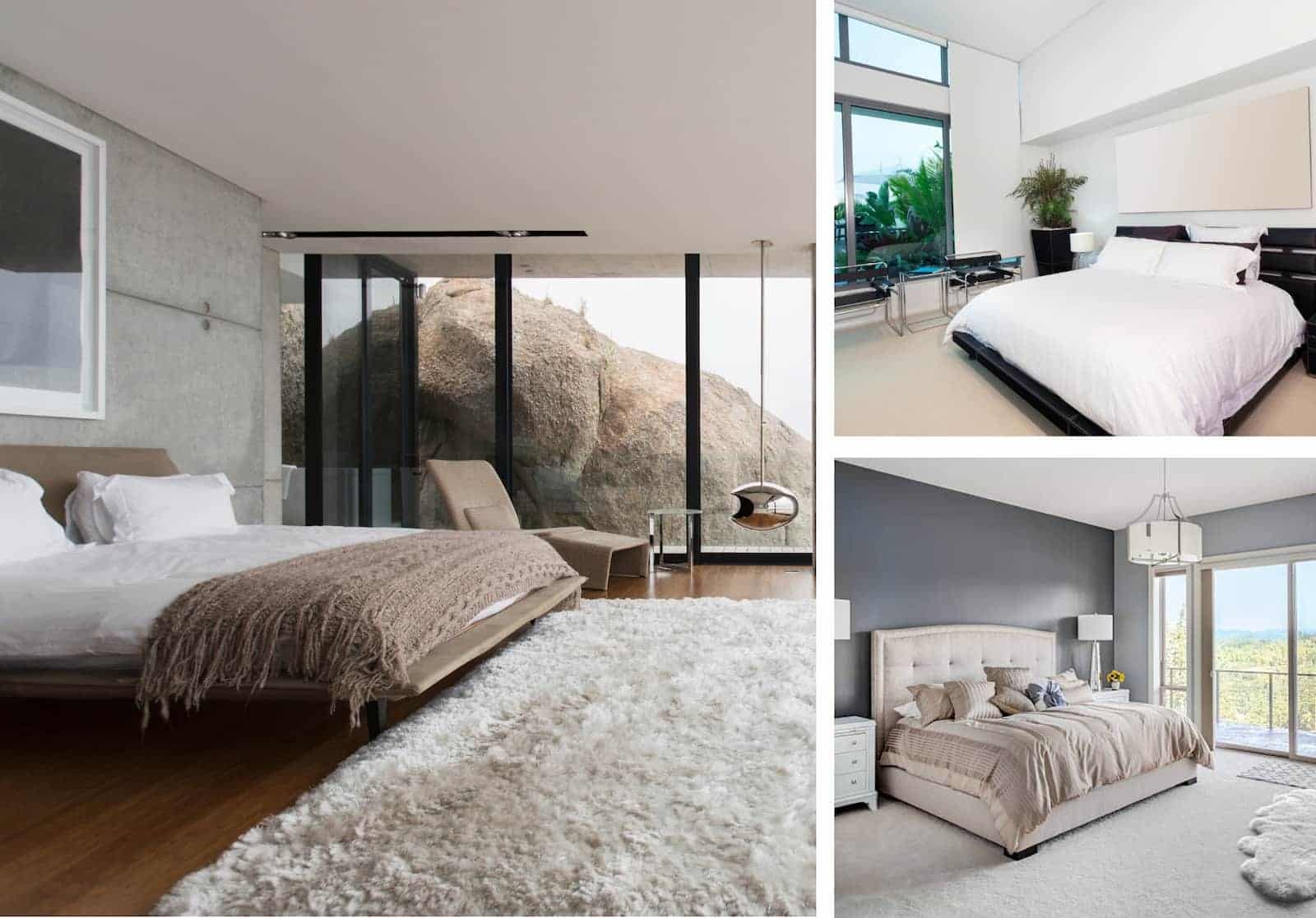 A collage of bedroom interiors