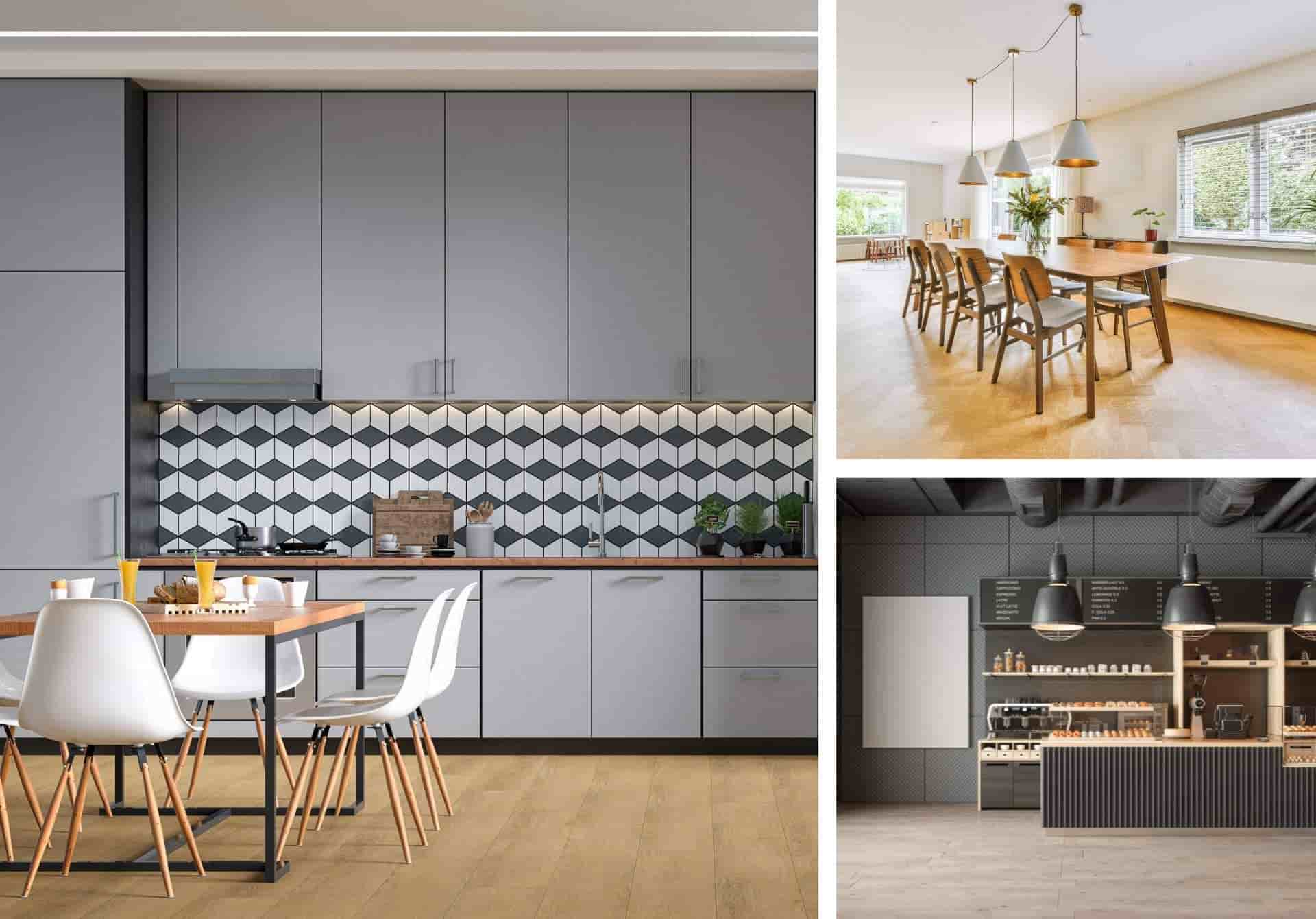 A collage of kitchens featuring various interior styles