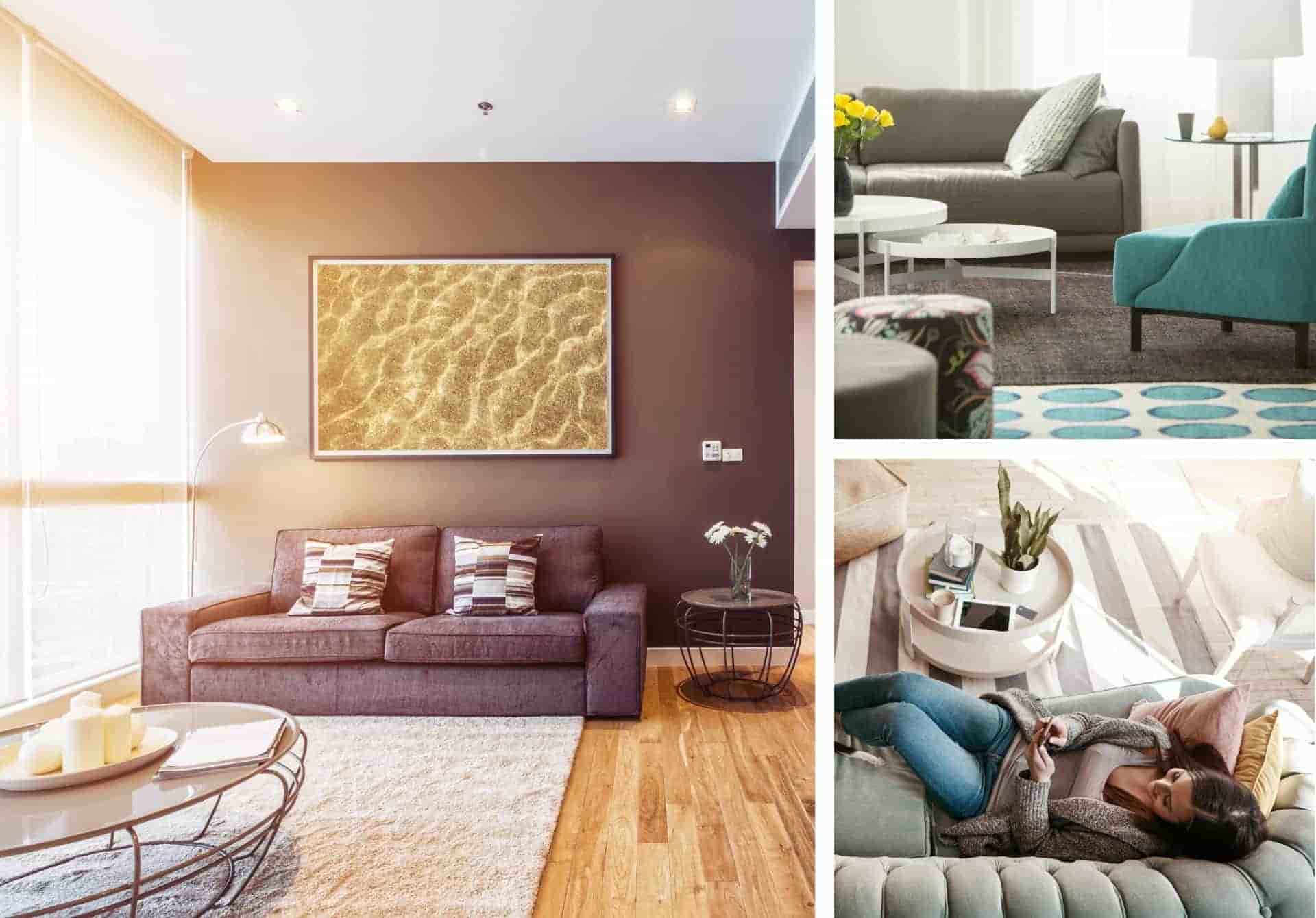 A collage of living rooms featuring various flooring options