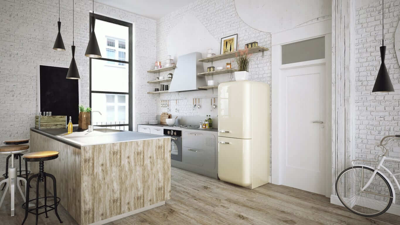 Industrial-inspired kitchen with white brick walls, a timber island bench, open shelving, pendant lighting and a retro refrigerator