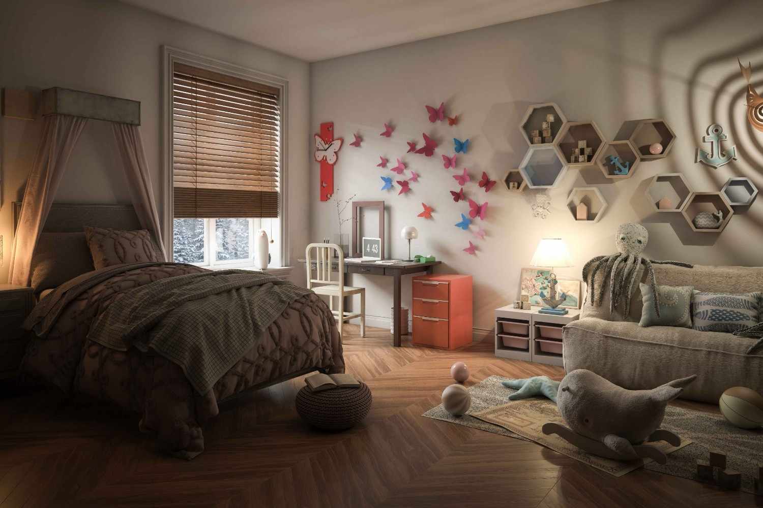 A kid's bedroom featuring a window fitted with venetian blinds.