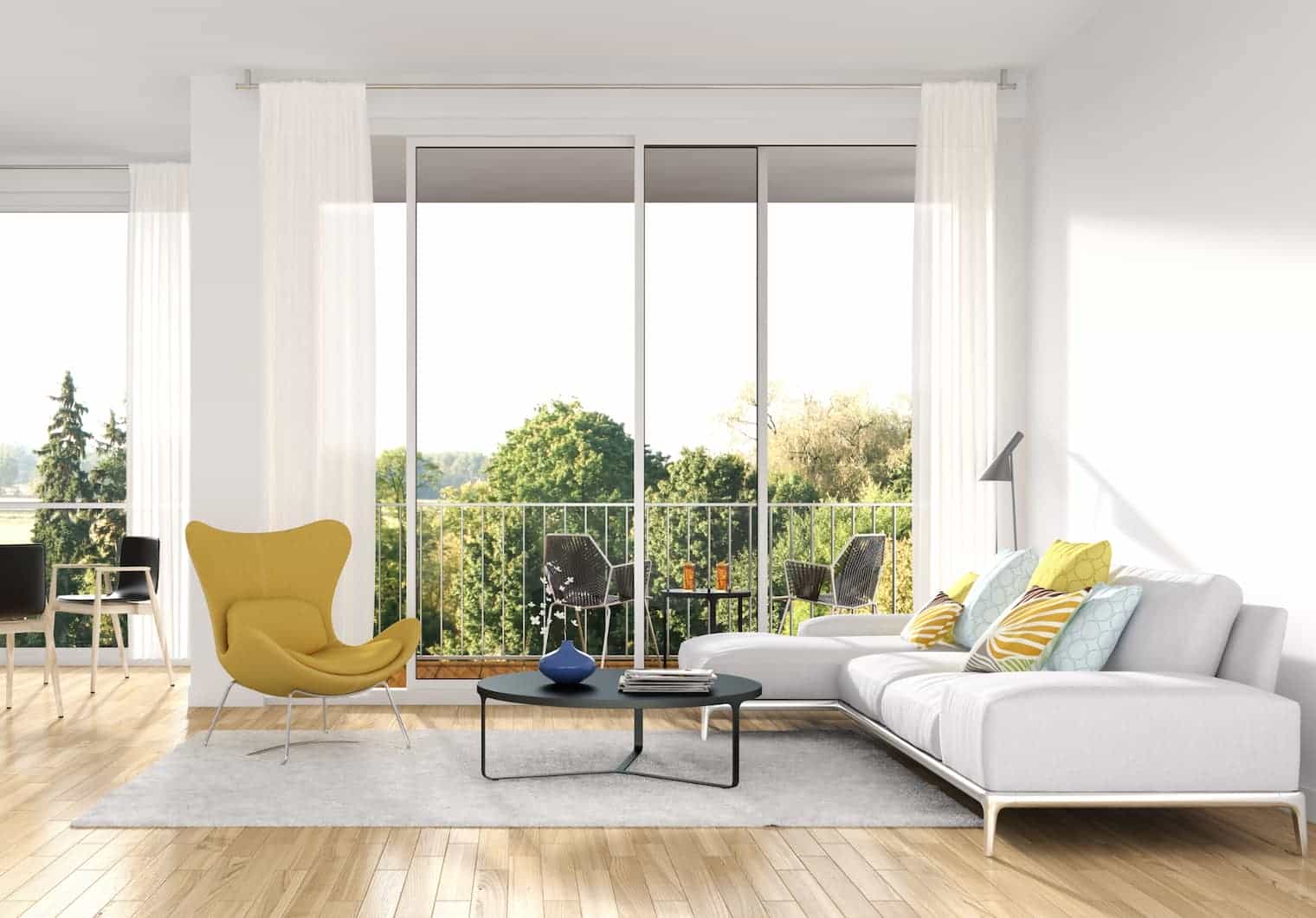 Living room with timber-style flooring.