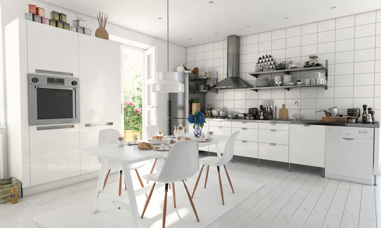 White kitchen with tiled splashback, open shelving and light timber-look flooring