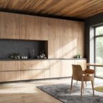 A kitchen with timber-look plank flooring and timber cabinetry.