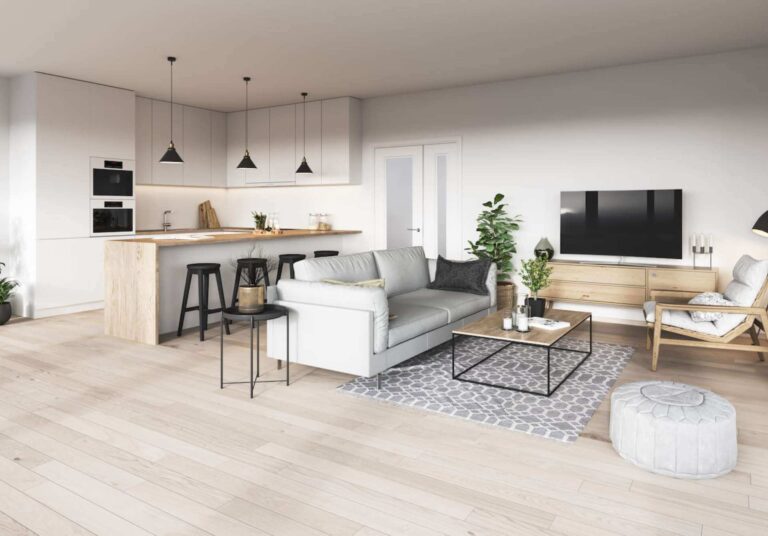 Open-plan living room with timber-look flooring throughout.