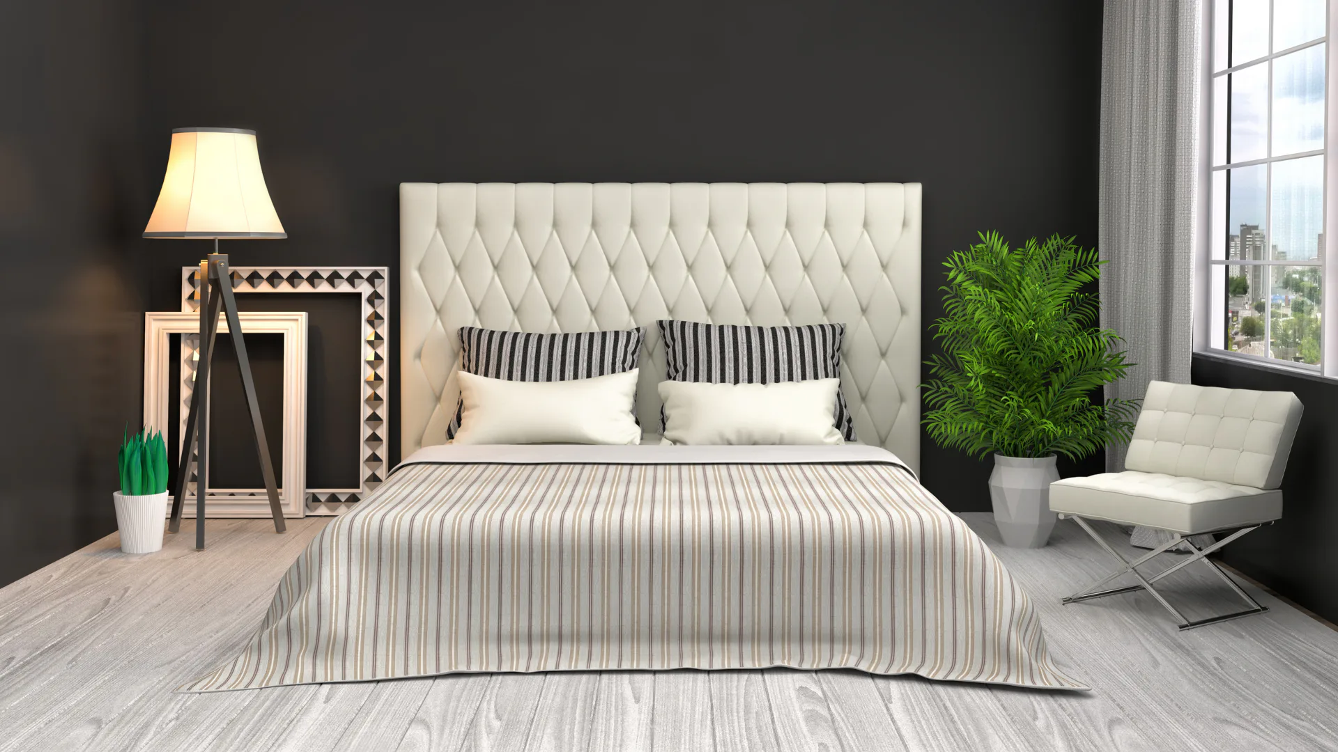 Contemporary bedroom featuring a cream quilted headboard, striped bedding in neutral tones, black and white accent pillows, modern floor lamp with cream shade, potted fern plant, and minimalist cha...