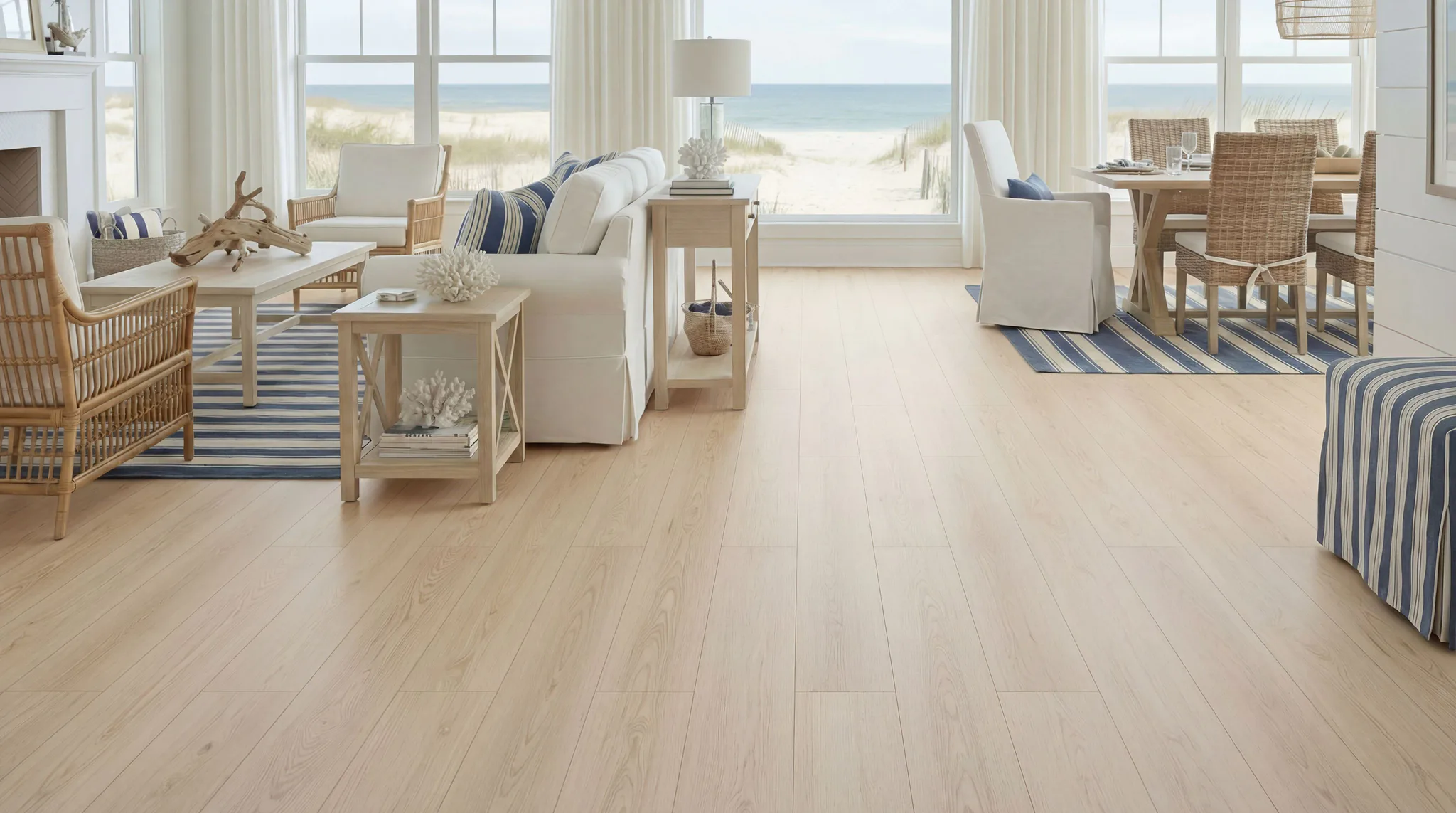 Bright coastal living space featuring light wood hybrid flooring, cream furnishings, striped blue and white accents, rattan chairs, and panoramic beach views through floor-to-ceiling windows
