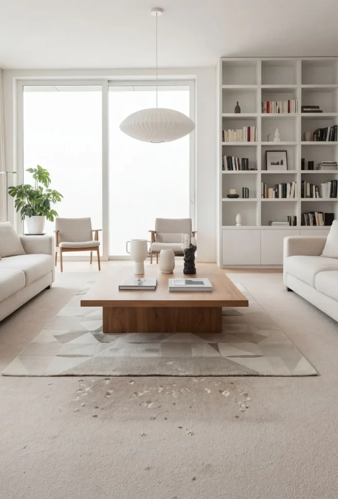 Bright modern living room with pristine light gray carpet, white sectional sofas, wooden coffee table, pendant light, floor-to-ceiling bookshelf, and potted plant near large windows.