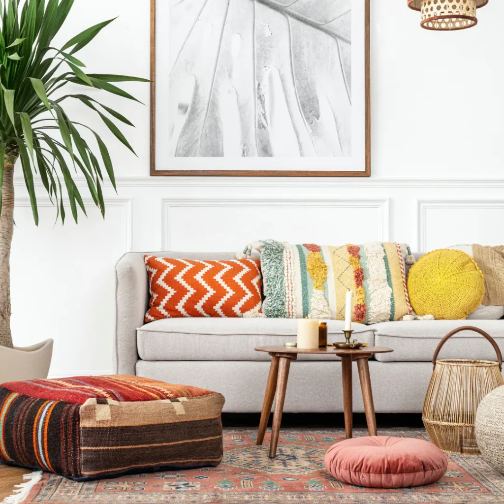 Bright bohemian living room featuring a beige sofa with colorful patterned pillows, wooden side table, woven poufs, potted plant, rattan pendant light, and textured area rug in warm earth tones