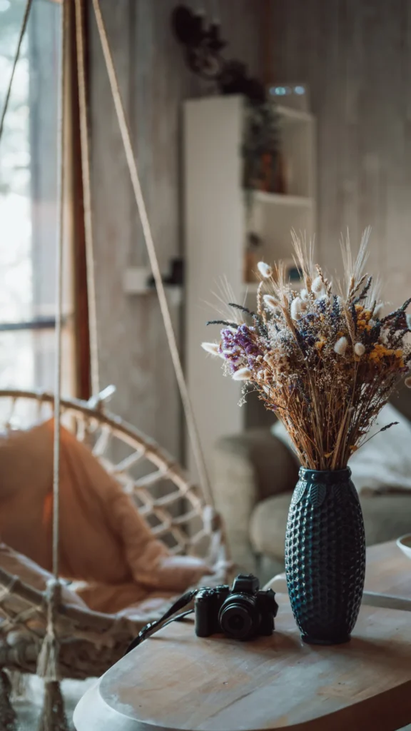 Dark blue textured vase filled with dried pampas grass, purple flowers, and wheat stalks on a wooden table, with a vintage camera nearby and sunlit window in the background