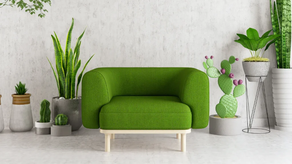 Bright green upholstered sofa with wooden legs centered against a light concrete wall, surrounded by various potted plants including snake plants, cacti, and trailing foliage in ceramic and woven p...