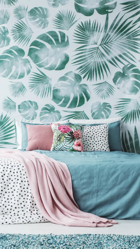 Modern bedroom featuring a wall with watercolor tropical leaf pattern including monstera and palm leaves in green tones. Blue upholstered bed with decorative pillows and pink throw blanket.