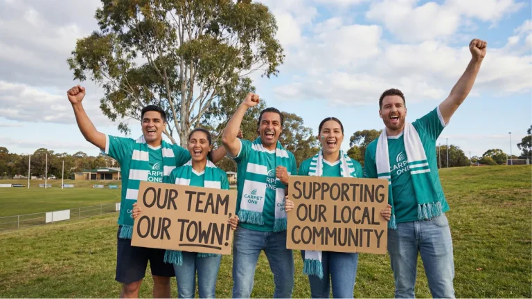 Five smiling people wearing teal and white Carpet One jerseys with scarves, holding signs reading 'Our Team, Our Town' and 'Supporting Our Local Community' while celebrating on a grass sports field.
