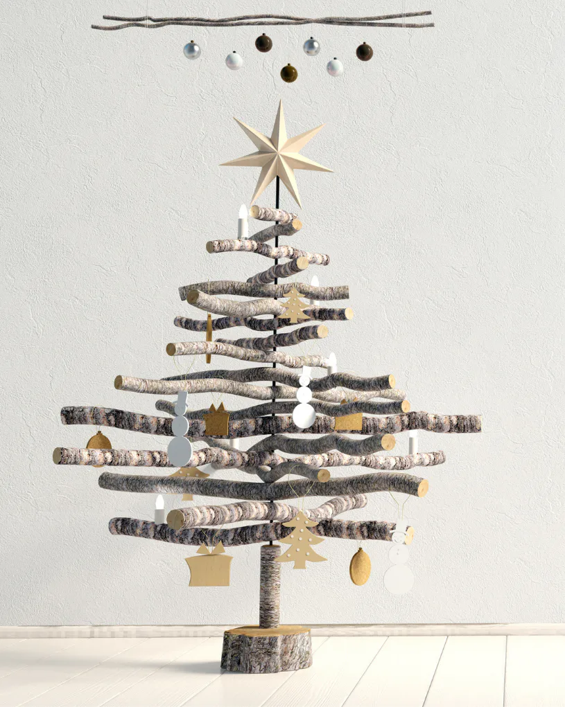 Handmade Christmas tree constructed from stacked birch branches with gold and white ornaments, featuring a golden star topper and hanging metallic baubles above on a driftwood branch.