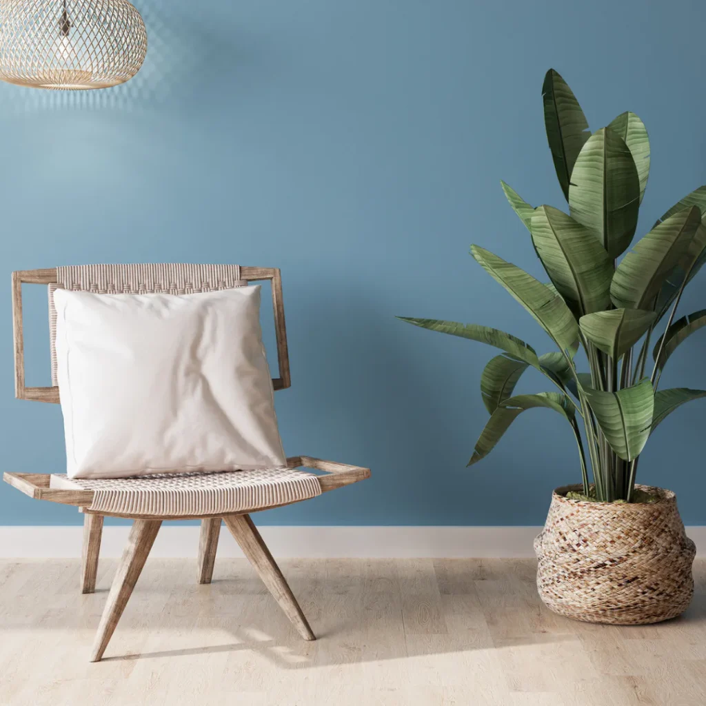 Natural wood woven chair with white cushion beside banana plant in woven basket planter against blue wall with pendant lamp and light wooden flooring