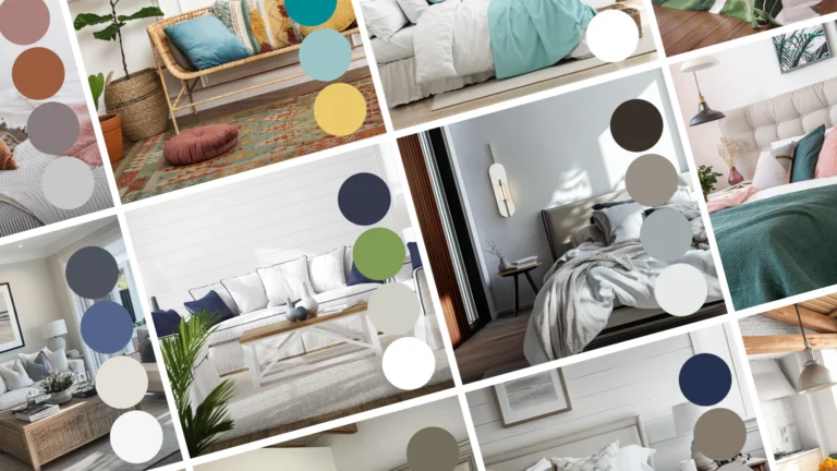 Collage of modern bedroom and living room designs featuring color swatches including teal, mustard yellow, navy blue, sage green, mauve, and neutral tones paired with various carpet styles and furn...