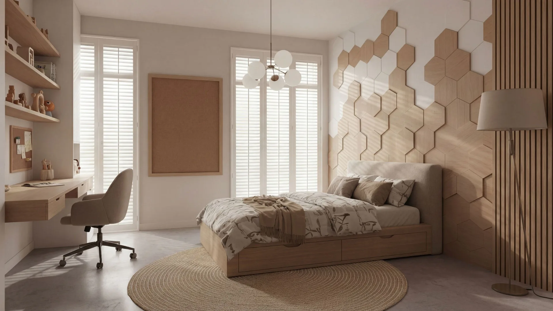 Modern bedroom featuring a bed with tan storage base, geometric hexagon wall panels in cream and natural wood tones, integrated desk workspace, floating shelves, white shutters, pendant light, and ...
