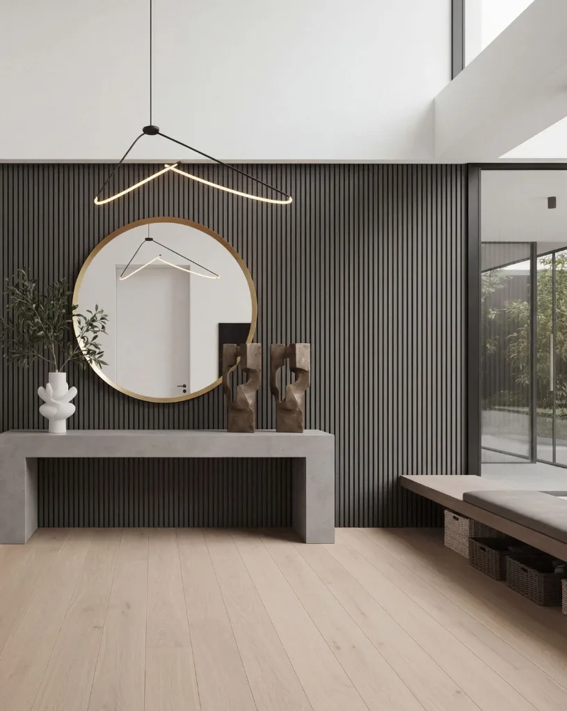 Modern entryway featuring a circular gold-framed mirror on dark corrugated wall, white pendant light, neon hanger art, minimalist console table, and glass doors opening to garden views