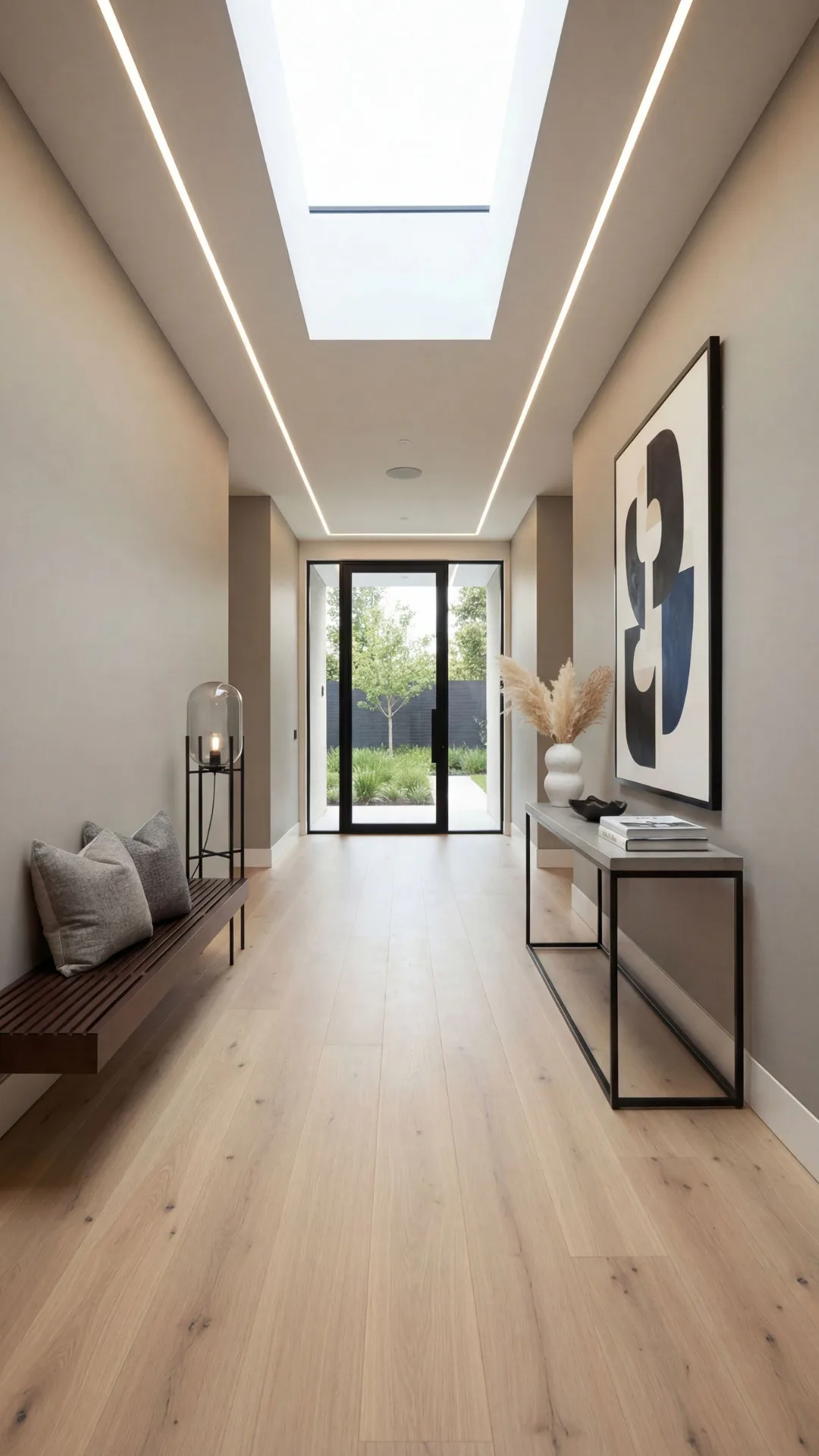 Modern hallway featuring white linear LED ceiling lights flanking a central skylight, light wood flooring, built-in bench with gray pillows, black-framed console table with white vase and abstract ...