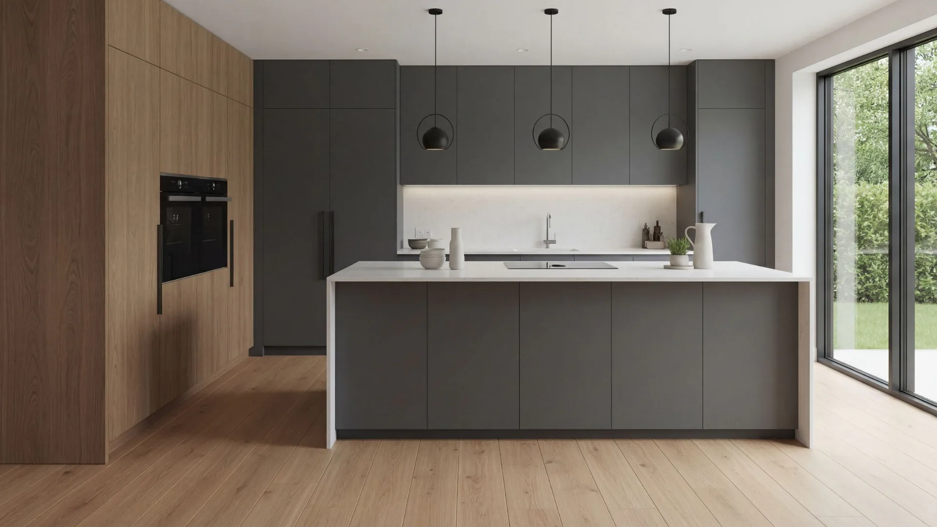 Modern kitchen featuring charcoal gray cabinetry with white countertops, large island with white waterfall edge, three black pendant lights, wood veneer accents, built-in black appliances, white ba...