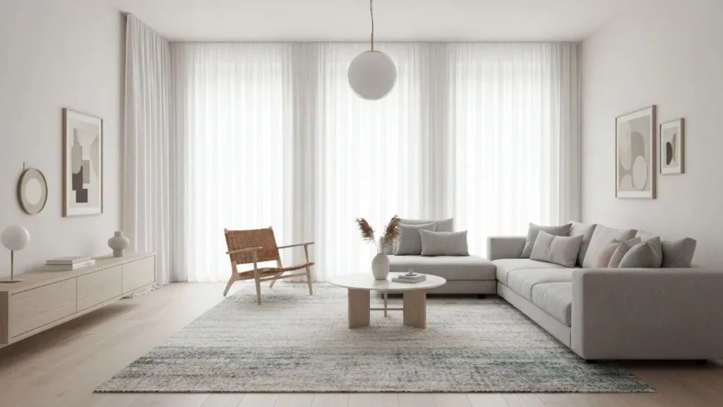 Bright modern living room featuring a gray sectional sofa, cognac leather accent chair, round pendant light, wooden coffee table, neutral area rug, and floor-to-ceiling sheer curtains with abstract...