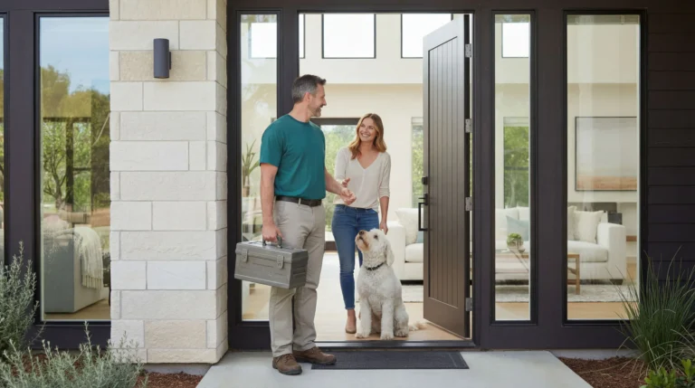 Man holding toolbox and woman with golden retriever dog entering modern home through black-framed glass entry door with stone column detail