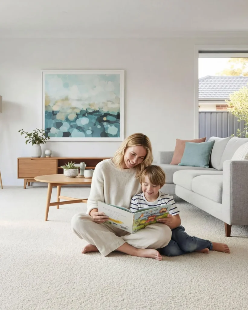 Smiling mother and young child enjoying a storybook together on a soft carpet in a cozy living room.