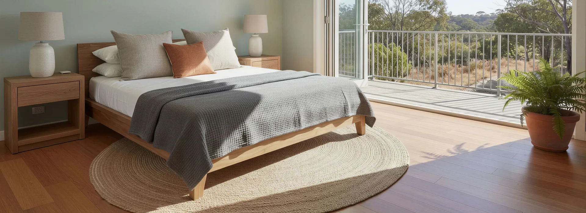 Contemporary bedroom with wooden bed, neutral bedding, wood nightstands, cream table lamps, and a large woven area rug. Glass doors open to a balcony overlooking trees and landscape.
