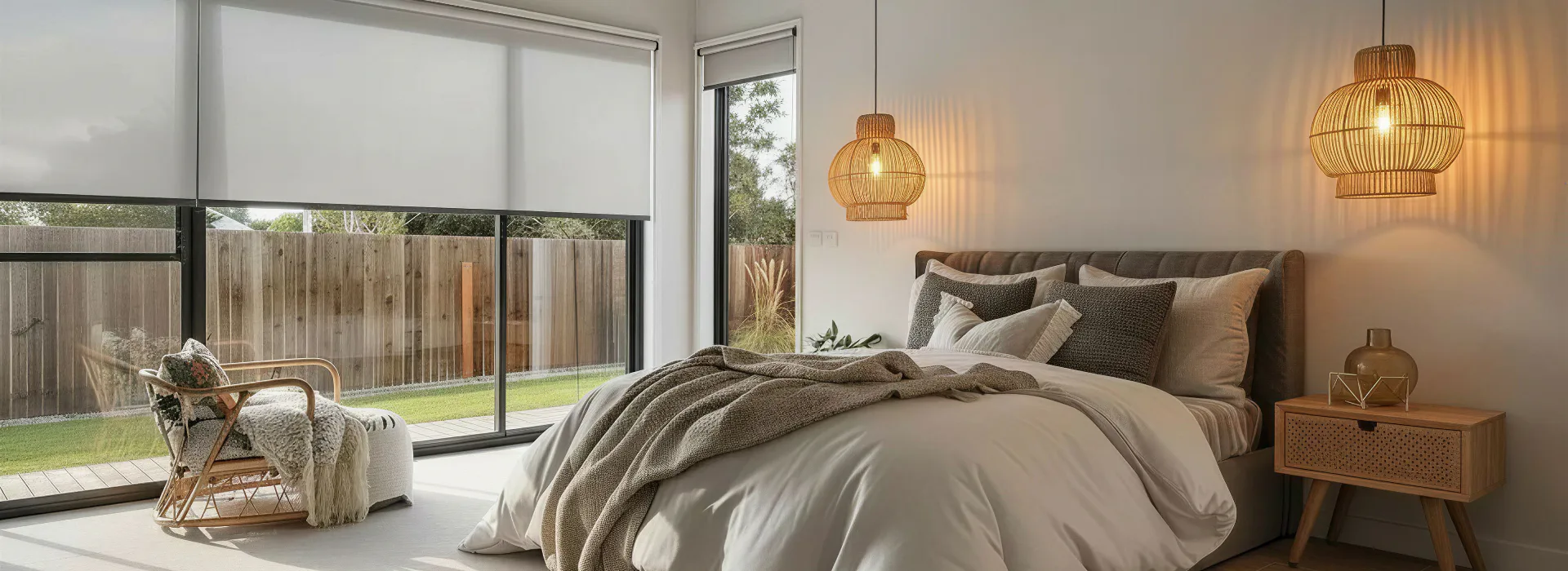 Contemporary bedroom featuring white roller blinds on large sliding glass doors, warm pendant lighting, and neutral bedding with earth-tone accents overlooking a landscaped yard.