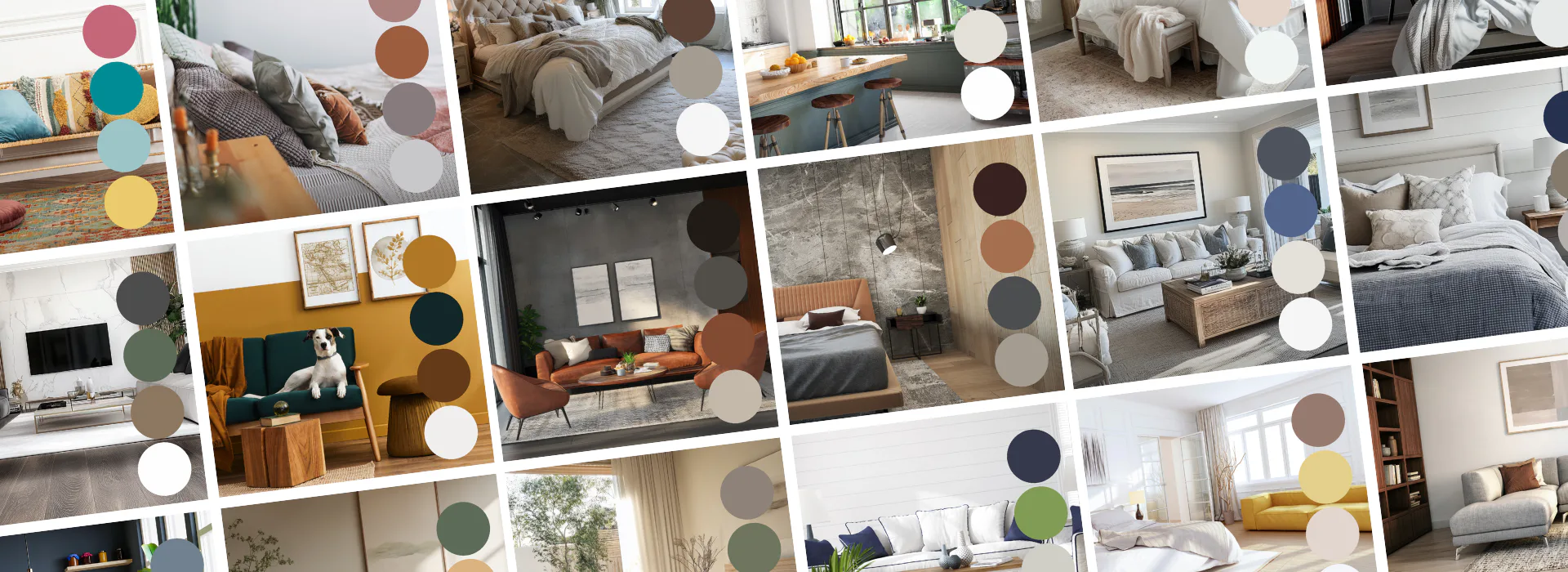 Collage of modern home interior designs featuring various color palette combinations with bedroom, living room, and kitchen spaces paired with coordinating paint color swatches.