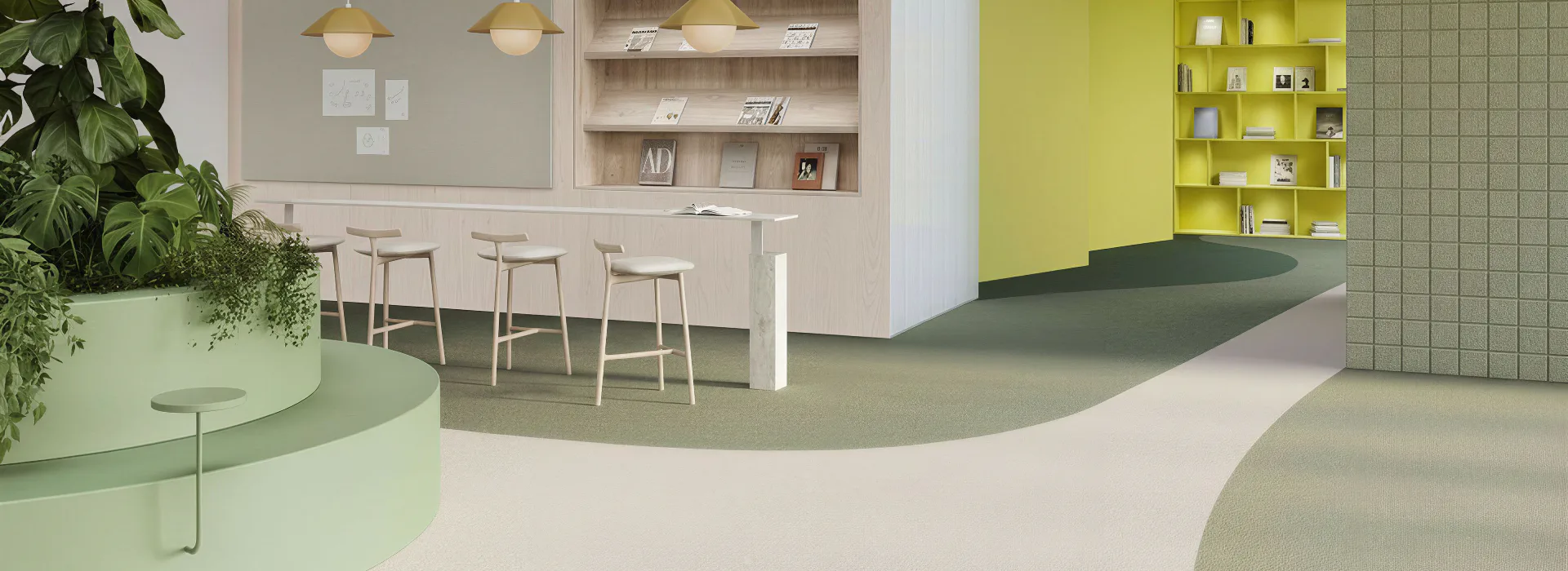 Modern office interior featuring curved lime-green reception desk with plants, wooden bar seating, yellow shelving unit, pendant lighting, and multi-tone commercial carpet flooring design.