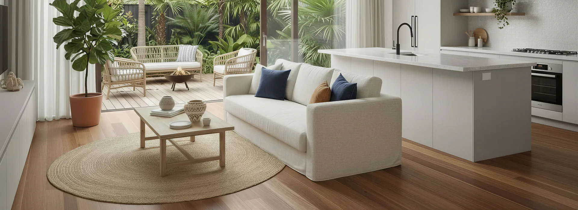 Contemporary open-plan living space featuring cream sofa with blue cushions, white kitchen with island bench, and view to tropical patio with rattan furniture and lush green plants