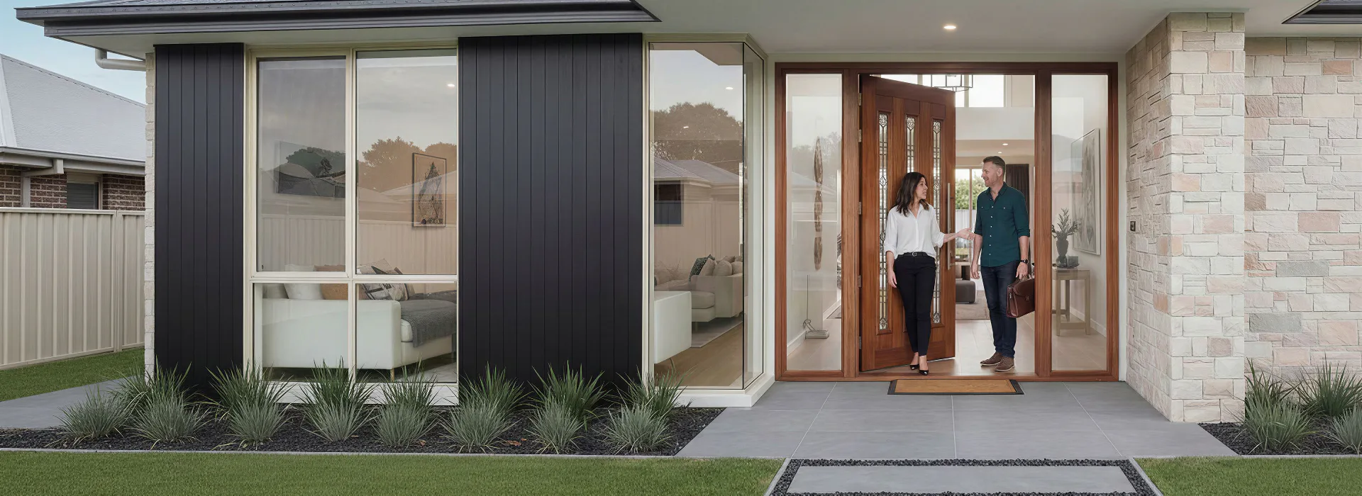 Couple standing in modern home entryway with timber doors, large black-framed windows, stone cladding, and contemporary landscaping visible through glass panels