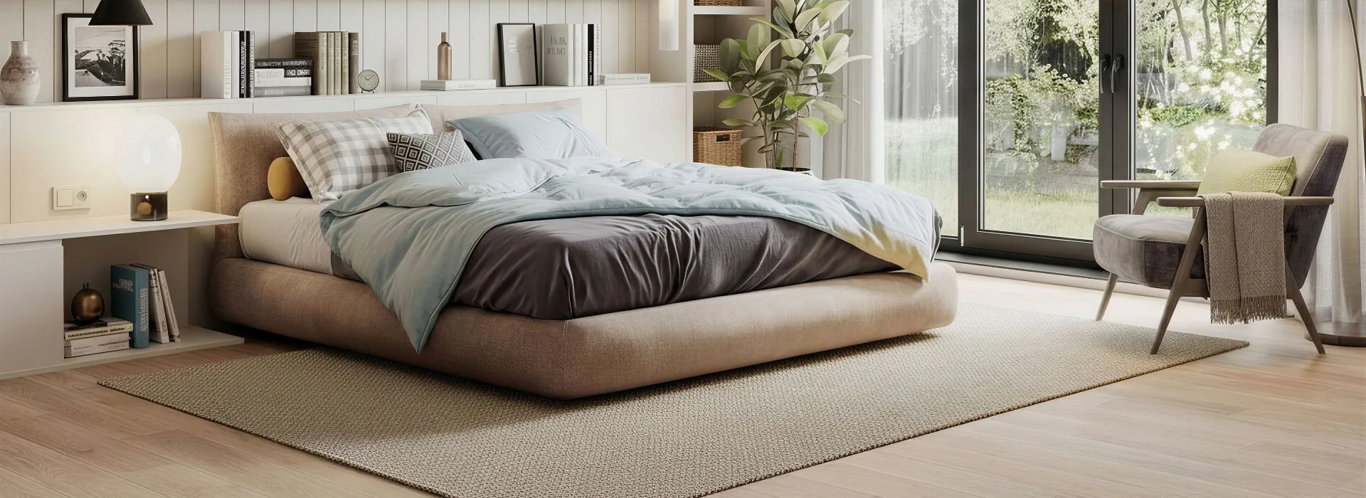 Spacious modern bedroom featuring a beige upholstered bed with layered pillows, gray and charcoal bedding, white built-in shelving with decorative items, and light wood flooring with neutral area r...