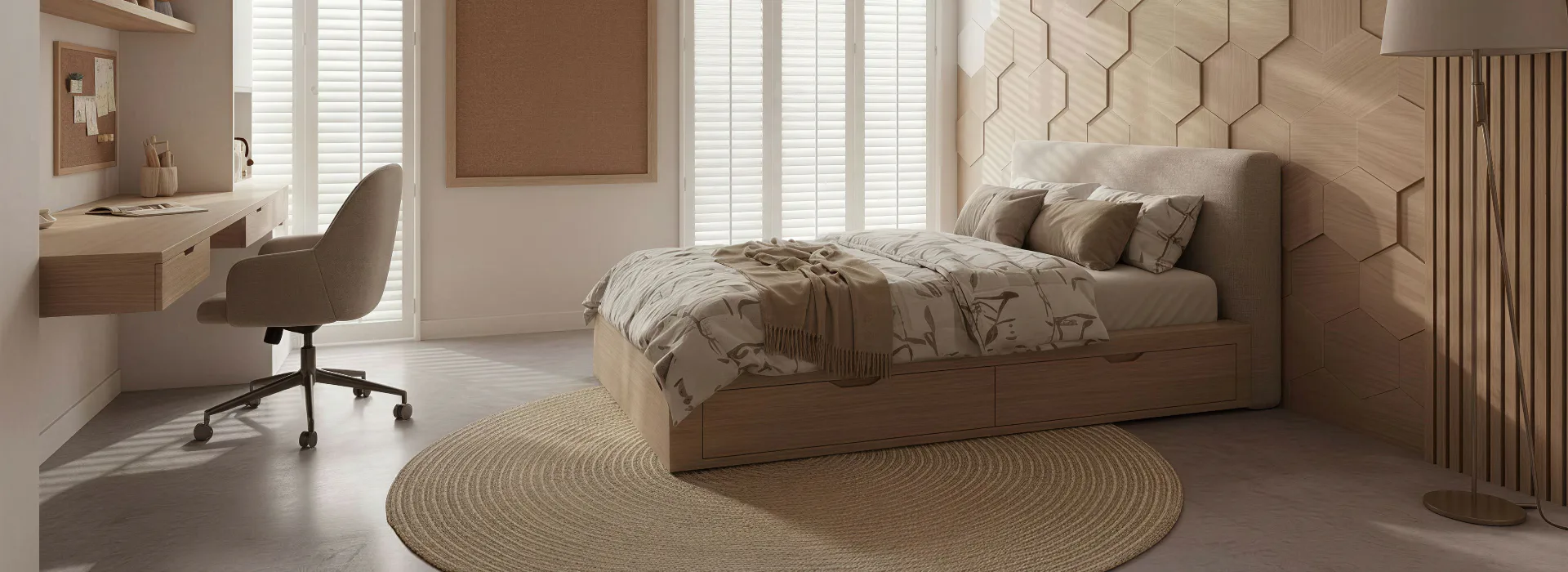 Spacious modern bedroom featuring a beige upholstered bed with patterned bedding, geometric wall paneling, round neutral area rug, desk with office chair, white shuttered windows, and warm natural ...