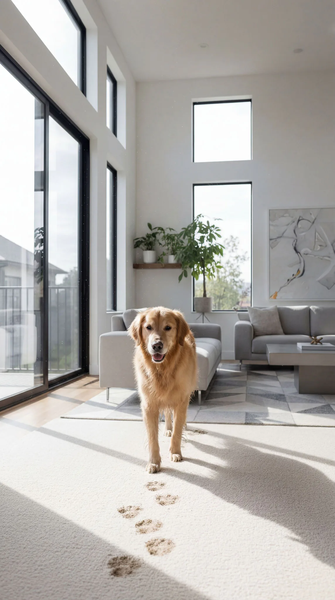 Golden retriever standing on light beige carpet in a modern living room with floor-to-ceiling windows, gray furniture, potted plants, and paw prints visible on the carpet.